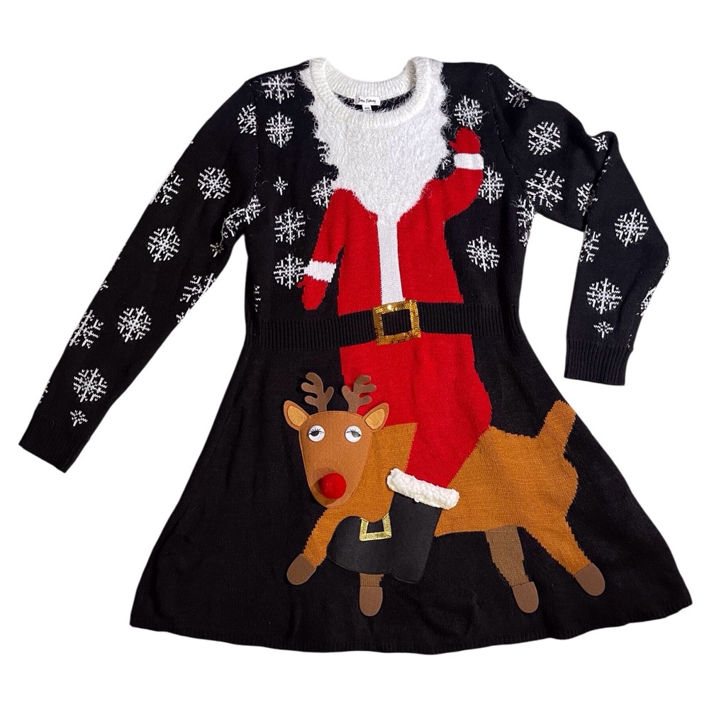 Black Santa & Reindeer Knit Mini Dress - Holiday Sweater Dress
